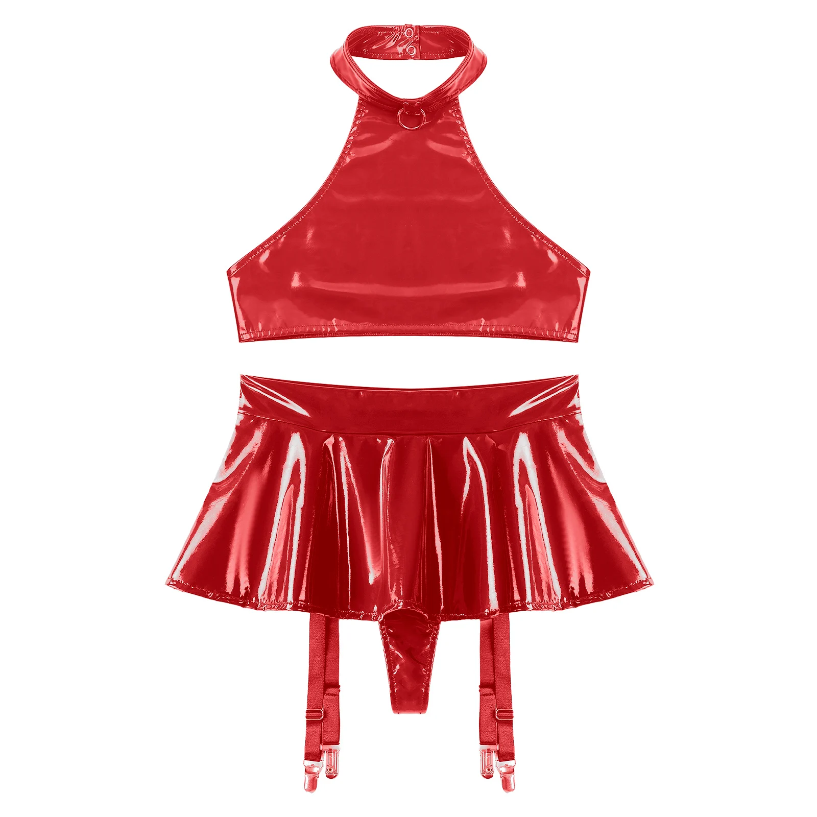 Conjunto de lencería de charol para mujer, traje Rave para discoteca, Top corto con espalda descubierta y cuello Halter con tangas integradas, minifalda con volantes