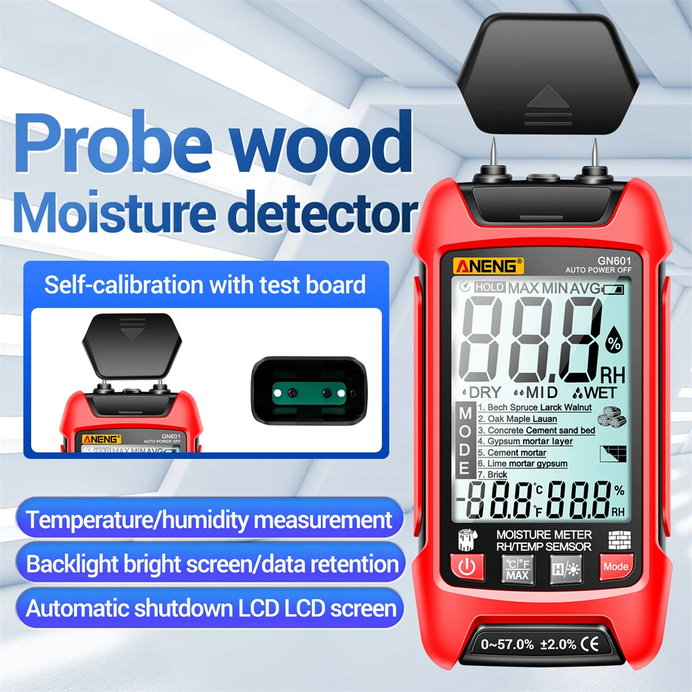 ANENG GN601 Wood Moisture Meter Digital Moisture Detector Pin-Type Water Leak Damp Tester for Wood Building Walls Paper