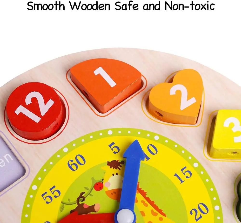 Educational Toys Wooden Clock Toys Time Clock Toy for Kids Wooden Time Learning Shape Sorting Color Game Montessori Early Education Math Set Baby Jigsaw Play Tool