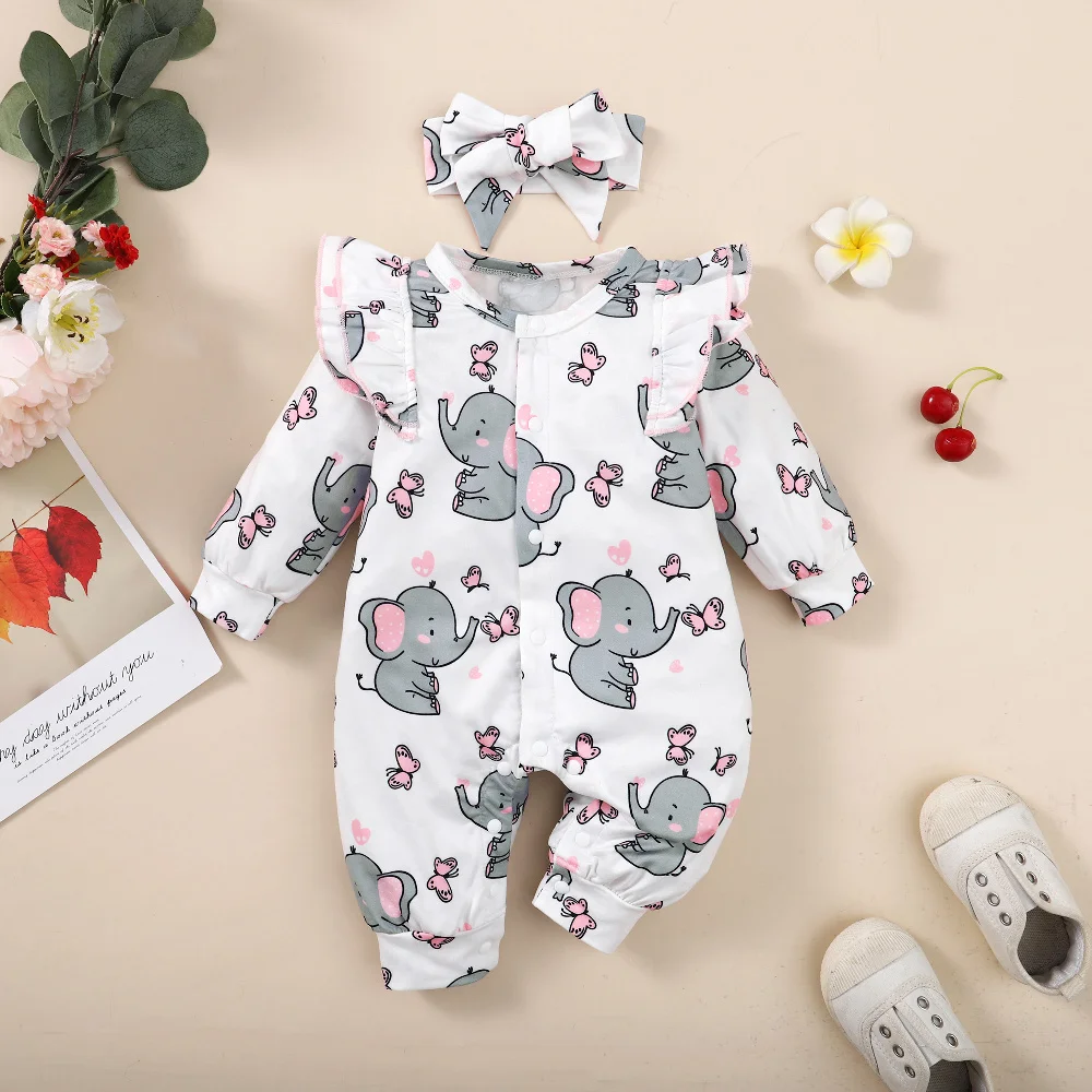 Baby Mädchen Strampler Langarm Niedlicher Elefanten Body + Stirnband Lässiger Body für Kleinkind Mädchen 0-18 Monate Kleidung – Detail 2