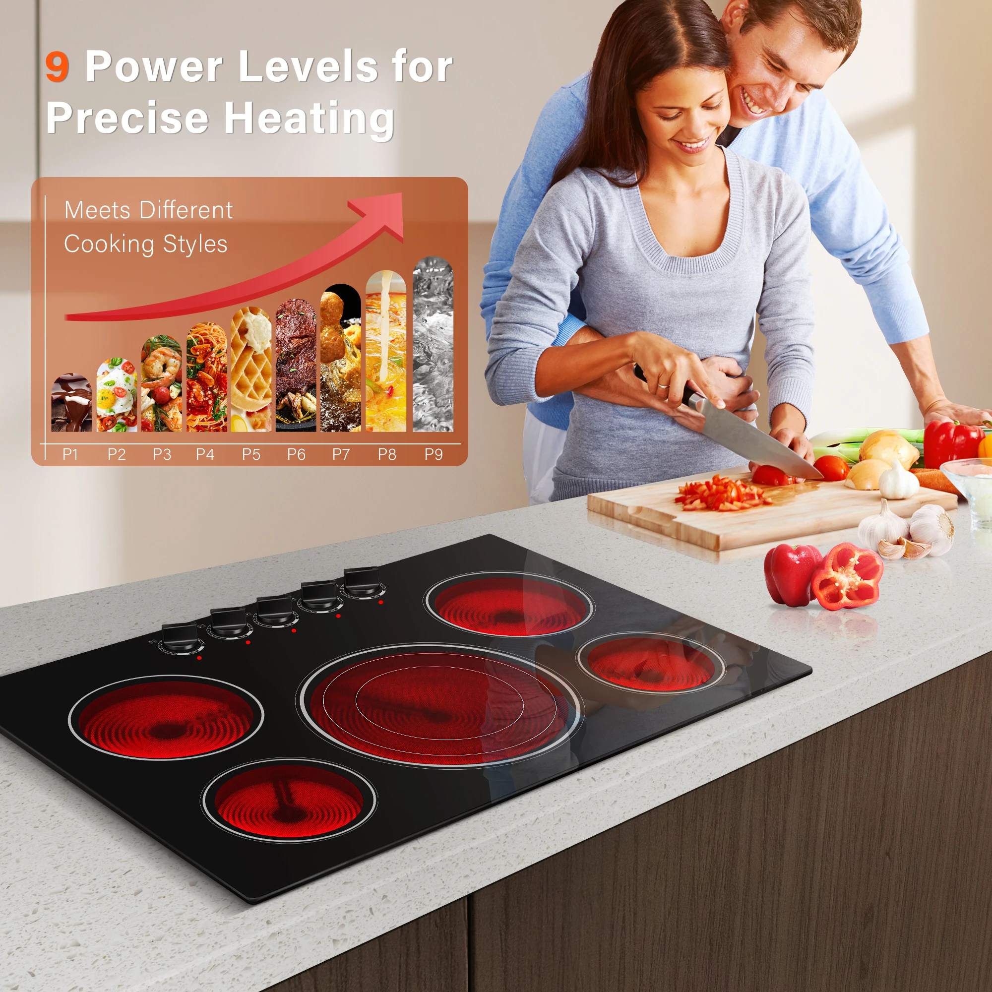 30in 5-Burner Built-In 9000W, Knob Control Ceramic Stove Easy Clean, No Radiation Family-Safe Electric Cooktop 3