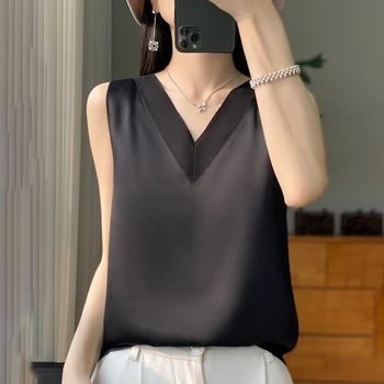 2024 Faux Silk Thin Short Sleeve Tees All-Match Basic T-Shirt Slip Woman Summer Clothes Elegant Tops Solid Loose Casual Fashion 1