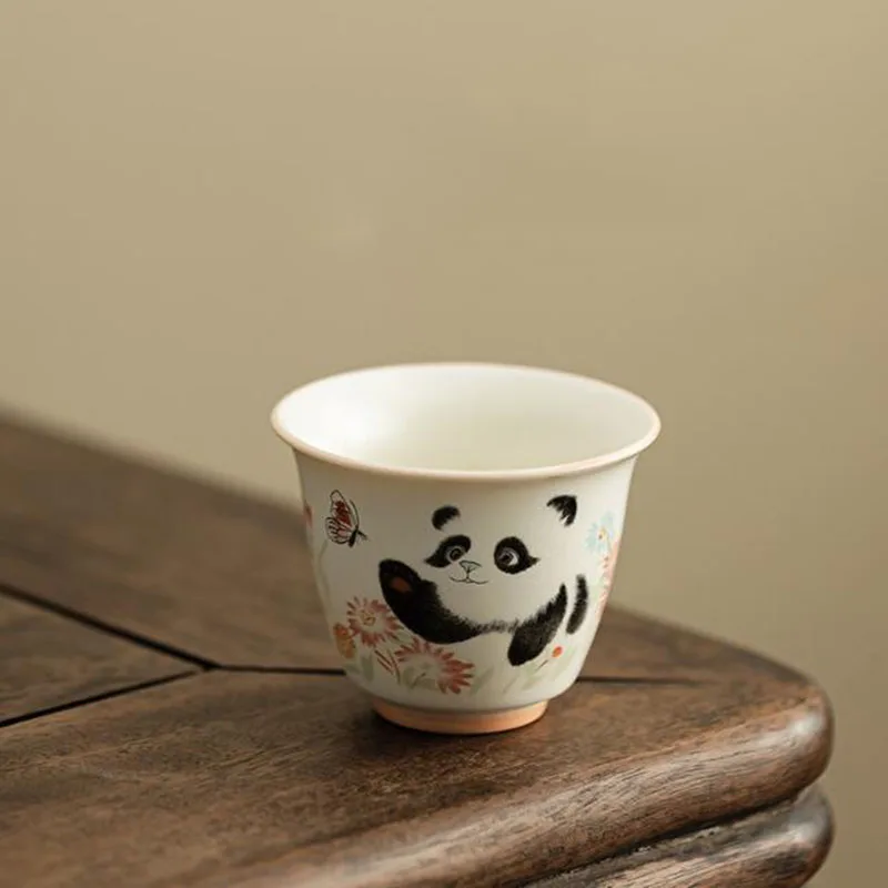 Beige Porcelain Panda Pattern Sancai Gaiwan Kungfu Tea Cup Tea Tureen infuser Bowl Kitchen Drinkware