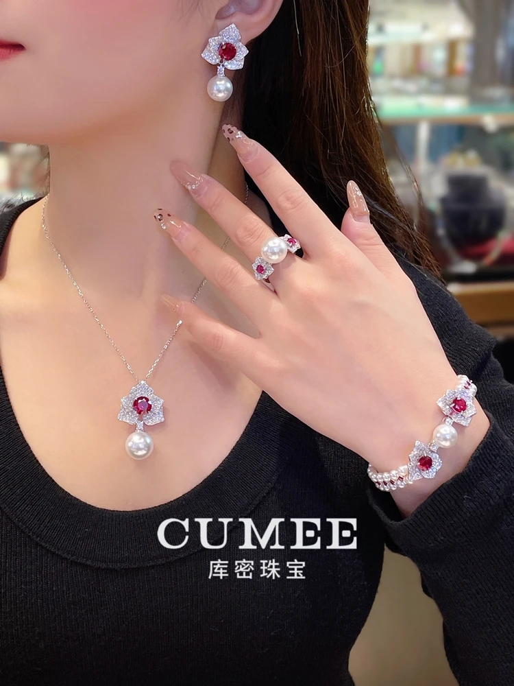 Cumee Ethnic Flower Ruby Jewelry Set Artifical White Pearls Cultivation Synthetic Ruby Pendants Necklace 925 Silver Plated Gold