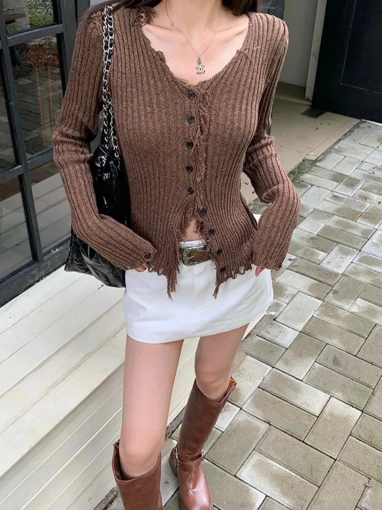 

Women Cardigan Pull Femme Fashion Vintage V Neck Casual Sueter Y2k Top 2023 Ropa Mujer Long Sleeve Tunic Tassels Knitted Sweater