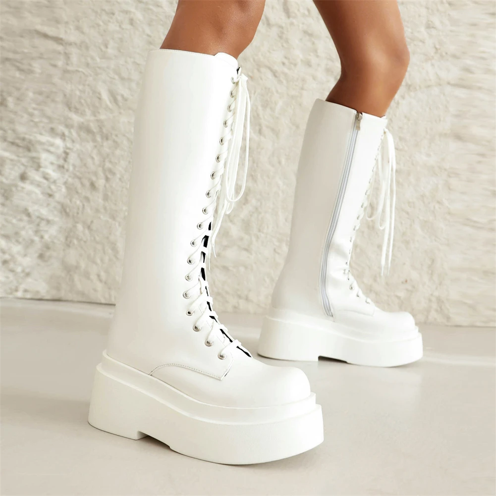

Женские сапоги до колена на платформе, черные или белые сапоги в готическом стиле, на массивном высоком каблуке, большие размеры до 43, Осень-зима