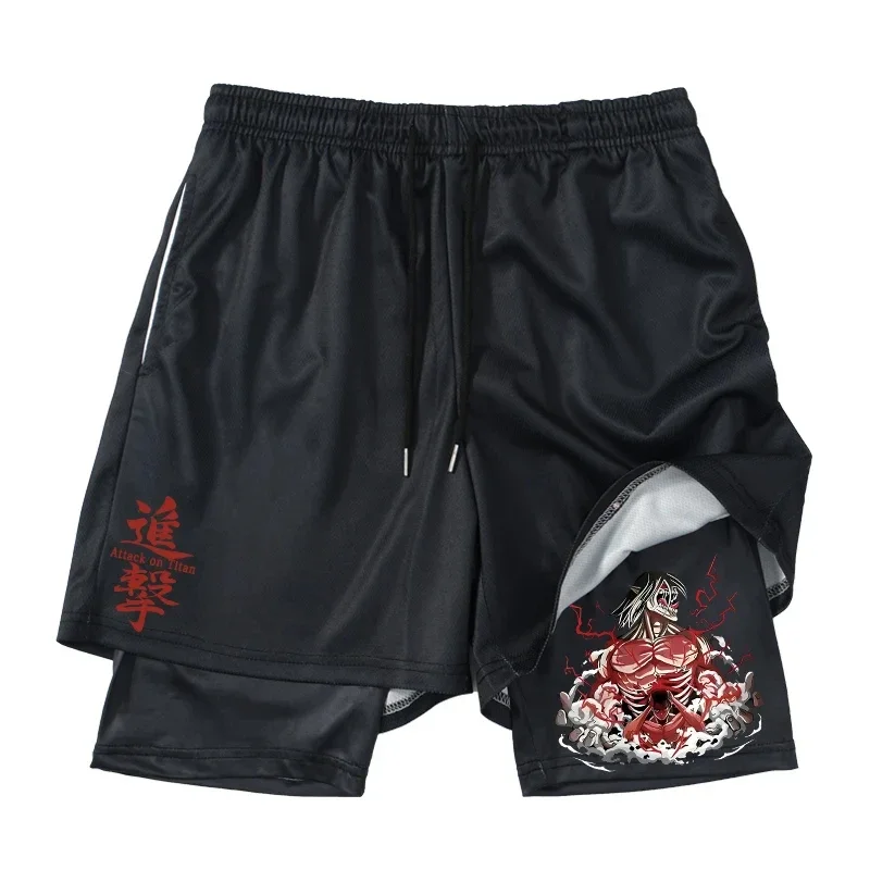 Anime Attack on Titan 2 in 1 Gym Workout Shorts for Men Quick Dry Stretchy Athletic Compression Shorts Fitness Running Jogging 4