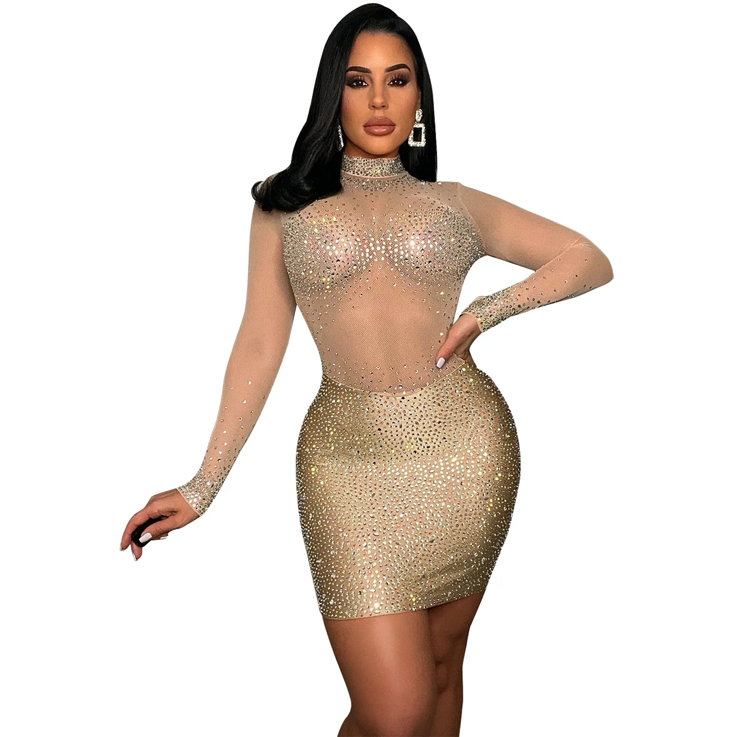 

Crystal Long Sleeve Women's Hot Drill Sheer Mesh Round Neck Vestidos Bodycon Sexy Dresses Crystal Diamonds Party Dress Nightclub