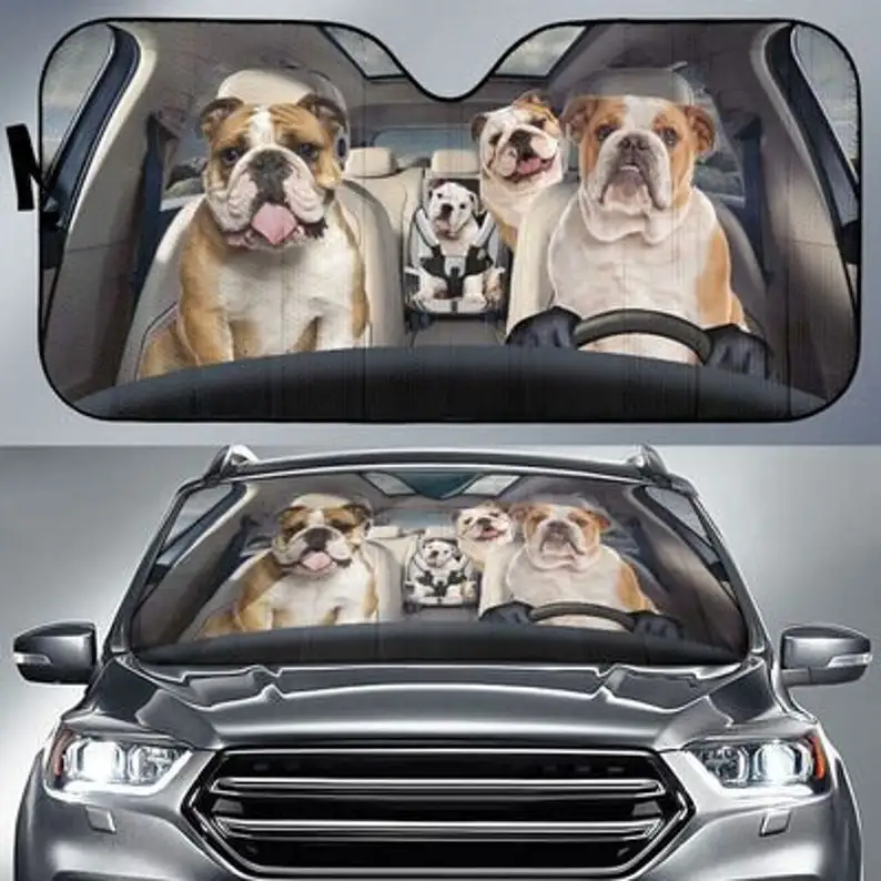 Bulldog Family Funny Safe Driver Auto Sun Shade Car Accessories, Customized Gift Custom Animal Pattern Sunshade, black cat auto sun shade auto cover protector window car accessories custom sunshade auto sun shade personalized gifts