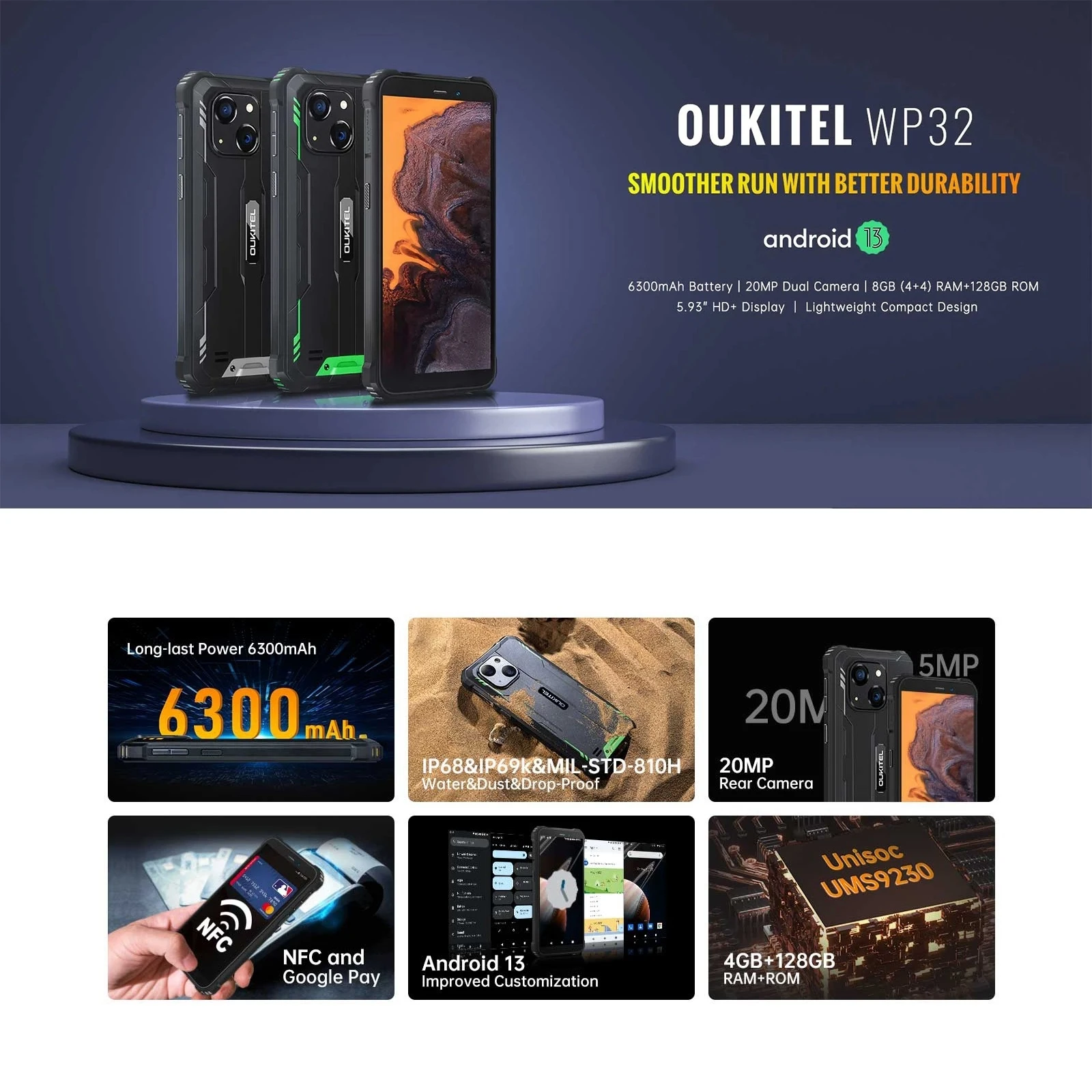 Oukitel WP32 Rugght Phone 4GB+128GB 5.93'' FHD+ Display IP68 6300mAh Android 13 Unisoc Tiger T606 Octa-core NFC 4G Smartphone