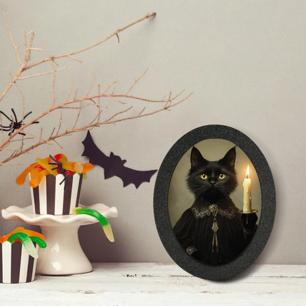 Gothic Black Cat Candle Holder Oval Decoration for Halloween and Retro Spa Ambiance