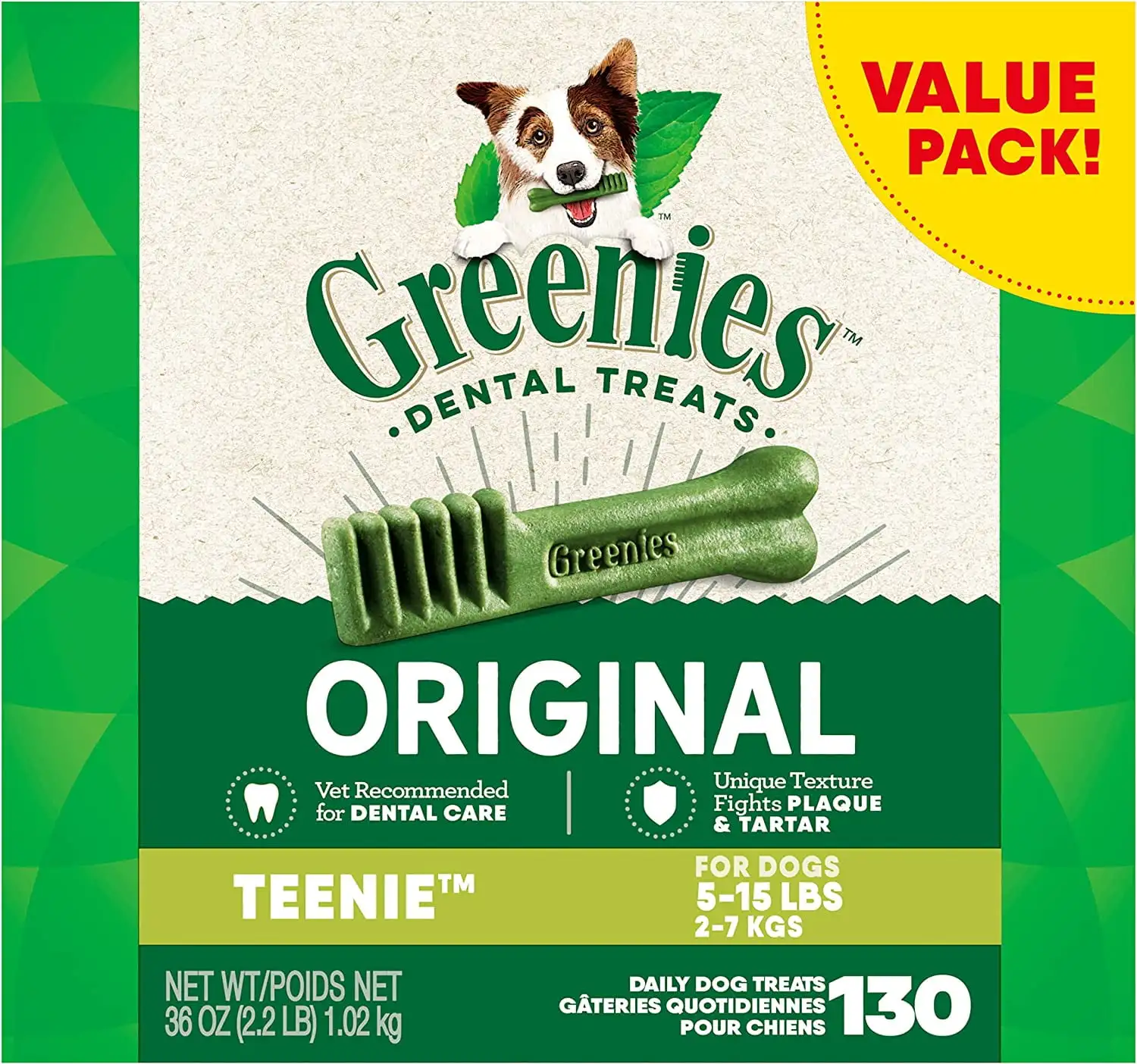 

Greenies оригинальные вкусовые зубные жевательные Угощение для собак, 36 унций в упаковке (130 угощений)