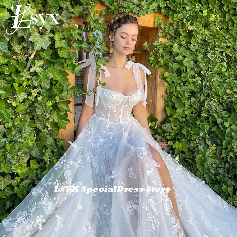 LSYX Butterfly Lace Sweetheart Prom Dress 2024 Bow Straps A-Line High Side Slit Sweep Train Tulle Evening Dress Robes De Soirée