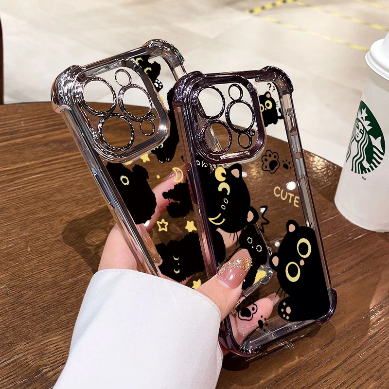 Fashion Plating Cartoon Black Cat Clear TPU Anti-Fall Phone Case