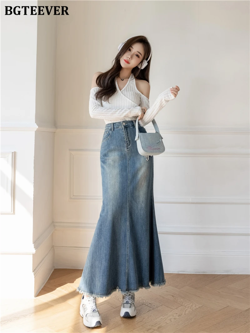 BGTEEVER Chic Stylish Women Long Skinny Mermaid Denim Skirts Summer Fashion High Waists Button Female Package Hip Jeans Skirts