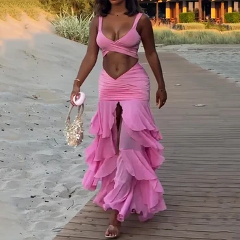 Wefads Women 2 Piece Set Summer Elegant Solid Sleeveless V Neck Hollow Out Backless Tank Top Layered Pleated Long Skirt Sets 2