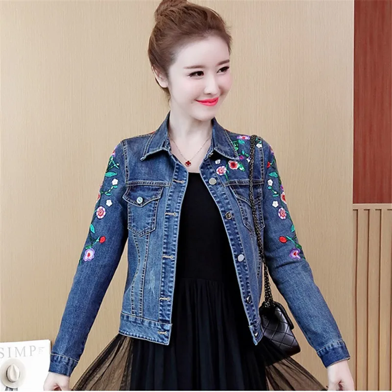 

Women Floral Embroidery Short Denim Jacket Elegant Single Breasted Slim Jeans Coat Spring Autumn New Ladies Loose Outerwear B169