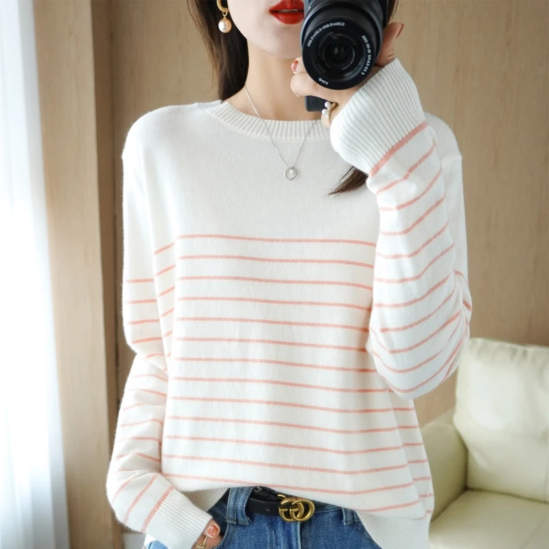 

2022 Spring Autumn New Striped Sweater Women Round Neck Pullover Long Sleeve Knitted Base Thin Versatile Loose Korean Version