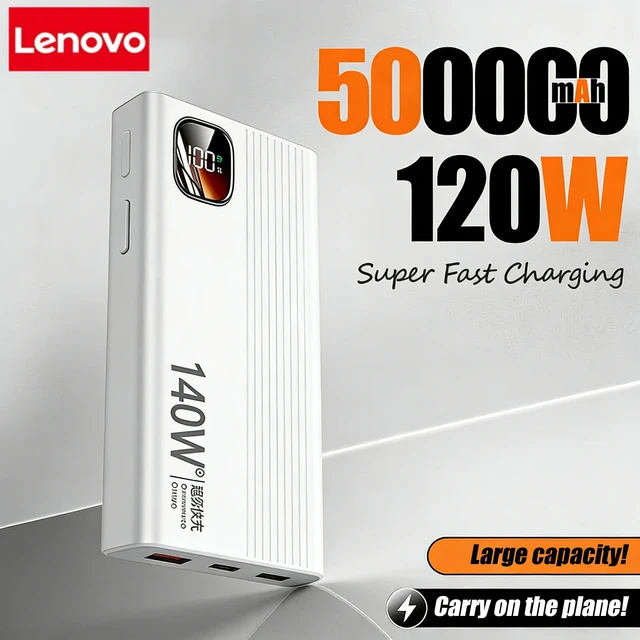 Lenovo 500000mAh 140W PowerBank Super Fast Charge Chargeur de batterie externe portable avec affichage LED pour iPhone 1