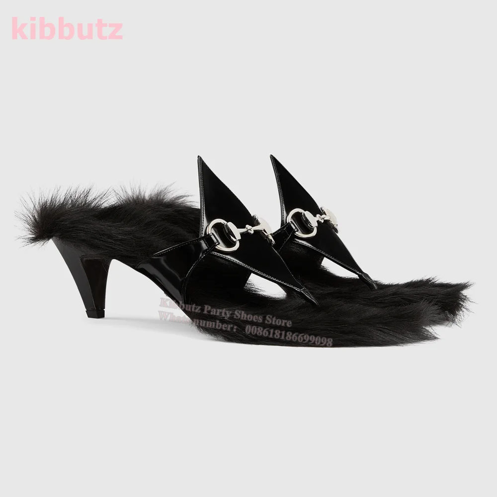 Fur Leather Slippers Round Toe Spike Heel Metal Decoration Mixed Color Warm Slip-On Fashion Elegant Sexy Shoe Runway Show Newest