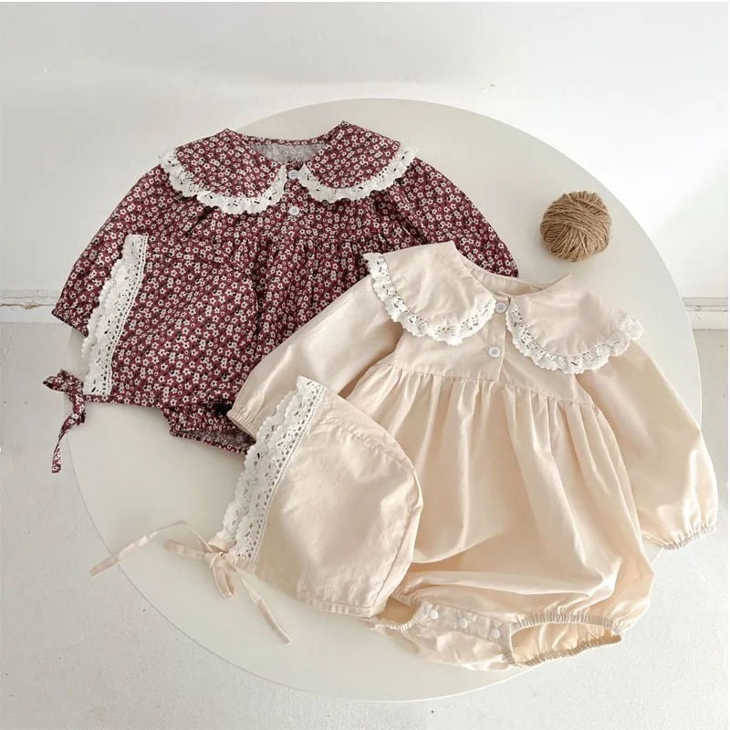 

New Girls Baby One-piece Floral Children's Clothing Spring Autumn Long-sleeved With Hat Rompers Kids Clothes Cotton Jumpsuit