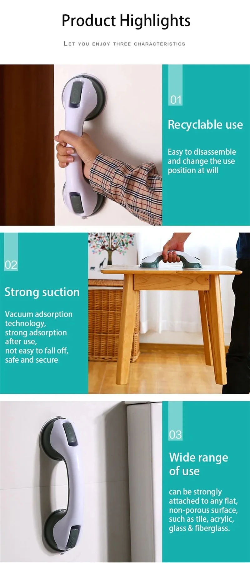 Description Picture 5 of item1PC Safety Helping Handle Anti Slip Support Toilet Bathroom Safe Grab Bar Vacuum Sucker Handrail Household Suction Cup Bath Rail