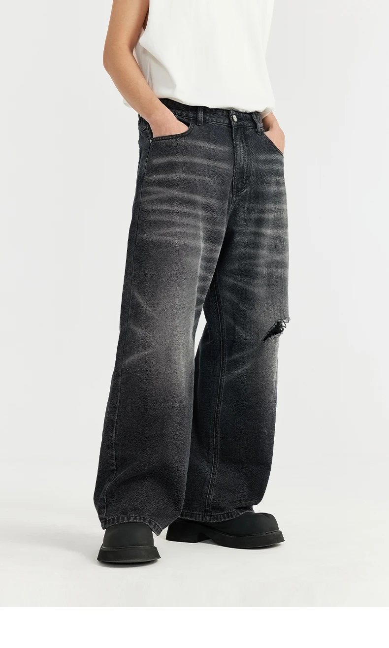 Description Picture 4 of itemINFLATION Retro Washed Straight Denim Trousers Men High Street Ripped Wide Leg Jeans