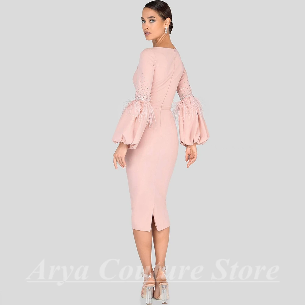 Chic Tea-Length Mother of the Bridal Dress with Belt V-Neck Long Sleeve Jersey Beading and Feathers Custom Made Gown for Wedding