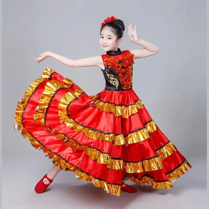 Girls Spanish Flamengo Dress Bullfighting KIds Belly Dance Costume Ballroom Gypsy Chorus Stage Performance women flamenco dresses