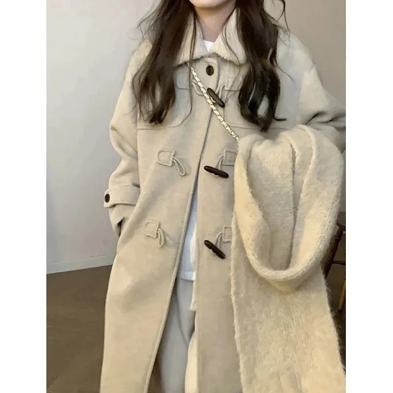 2023 Autumn Winter Casual Sweet X-long Oversized Wool Jacket Women Outerwear Loose Solid Color Turn Down Collar Collar Warm Coat