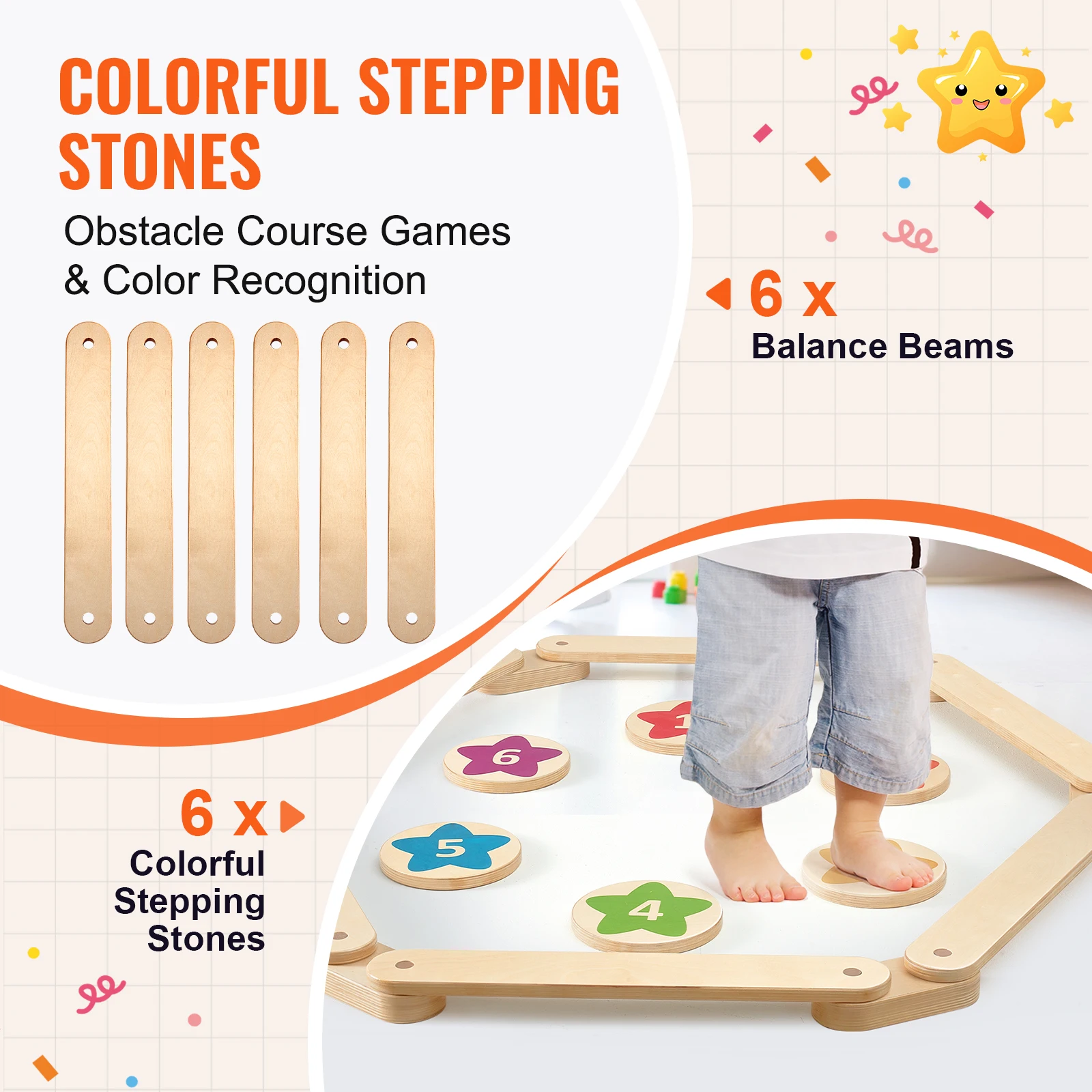 SucceBuy 6PCS Kids Balance Beam Stepping Stones Wooden Toddler Balance Boards Indoor/Outdoor Montessori Toy for Children Gifts