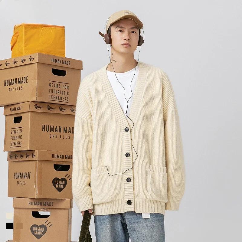 Thick needle heavy weight texture cardigan sweater versatile simple solid color knit sweater jacket coats plus velvet thick thick top checkerboard loose simple fashion trend korean version of simple retro casual lazy knit sweater