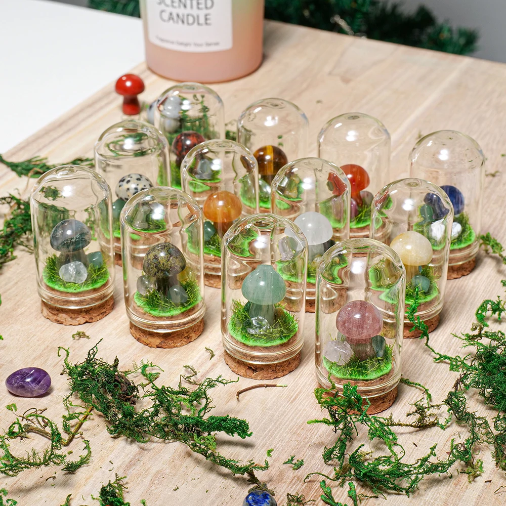 A unique, carved mushroom ornament made from natural, rough crystal, featuring a rough, unpolished stem and a smooth or semi-polished cap.