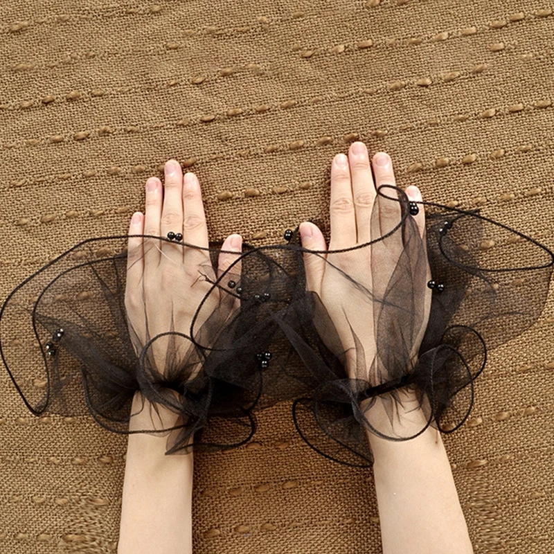 

Mesh Fake Cuffs With Pearl Decoration Removable Wrist Hand Sleeve Short Tulle Gloves Wedding Party Detachable