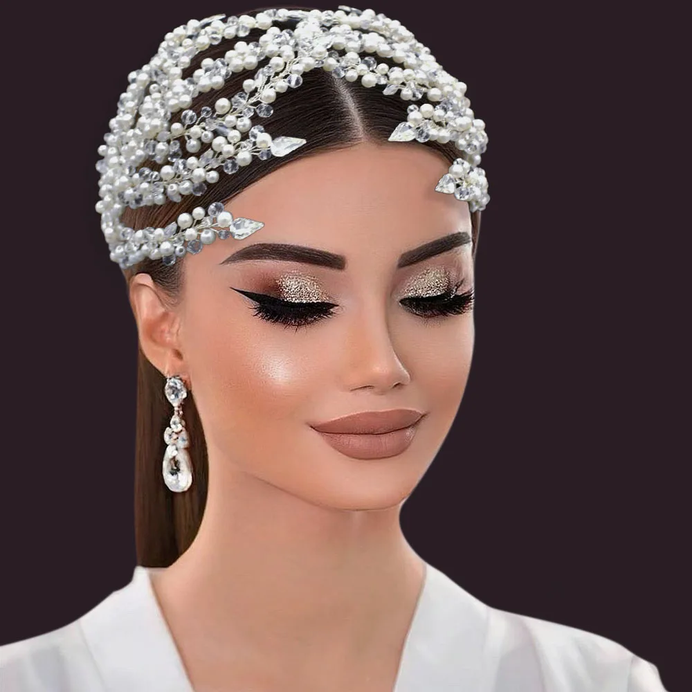DZ076 Pearl Bridal Headband Crystal Bride Tiara Headpieces Silver Wedding Headdress Handmade Rhinestones Wedding Hair Jewelry