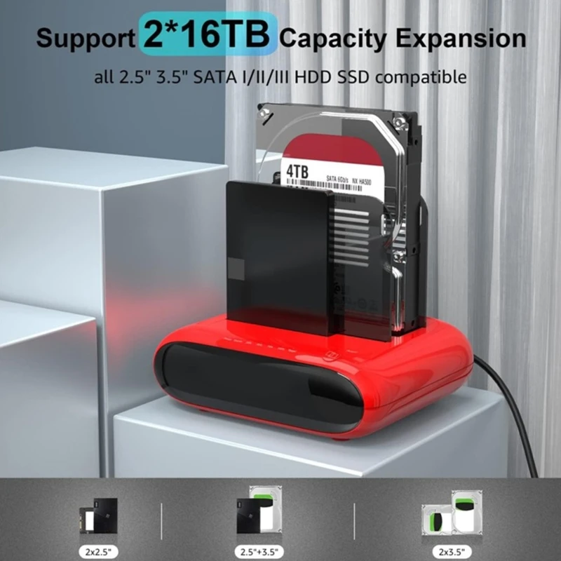 USB3.0-SATA 하드 드라이브 도킹 스테이션 2 베이 지원 클론 2.5/3.5인치용 12V 3A 전원 어댑터