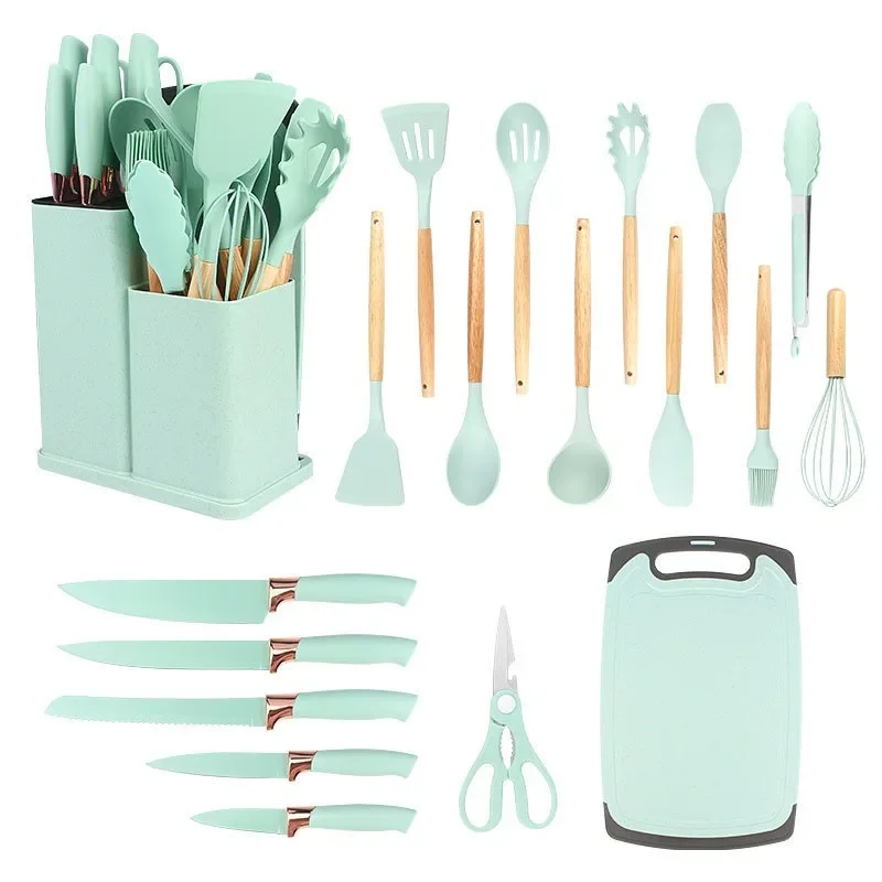 19pcs Kitchen Utensils And Knife Set, Silicone Cooking Utensils,Stainless Steel Chef Knives,Cutting Board,Kitchen Cooking Tools