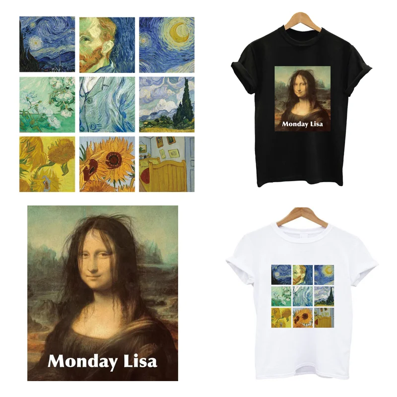 2 Teile/los Van Gogh David Mona Lisa Bügeln Wärme Thermische Transfer Schmelzbaren Aufkleber Eisen Auf Thermoadhäsive Patches Für Kleidung DIY