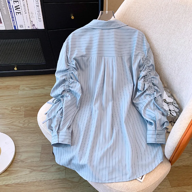 Korean Style Striped Folds Long Sleeve Single Breasted Shirt 2024 Spring Summer Women's Casual Turn-Down Collar Baggy Blouse Top