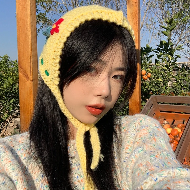 

Triangle Bandana Turban Crochet Flower Ear Protection Hairband Knitted Headband for Women Trendy Y2K Hair Accessory