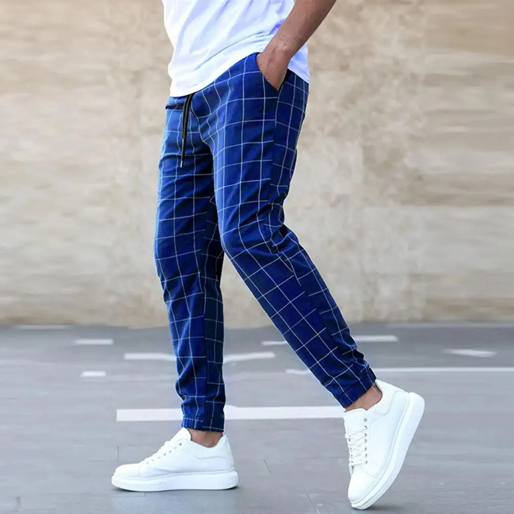 

Plaid Stitching Pencil Pants Breathable Work Pants Streetwear Men's Plaid Print Pencil Pants with Elastic Waist Slant