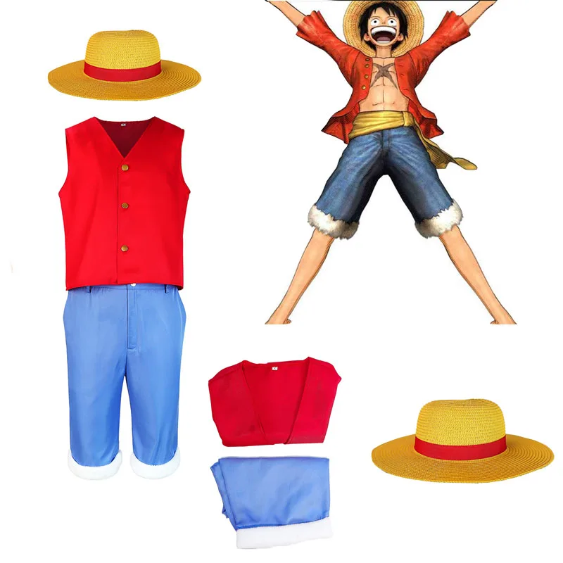 

Anime One Piece Luffy Cosplay Costume Vest Pants Hat For Adult Men Male Outfits Halloween Carnival Role Playing Suit