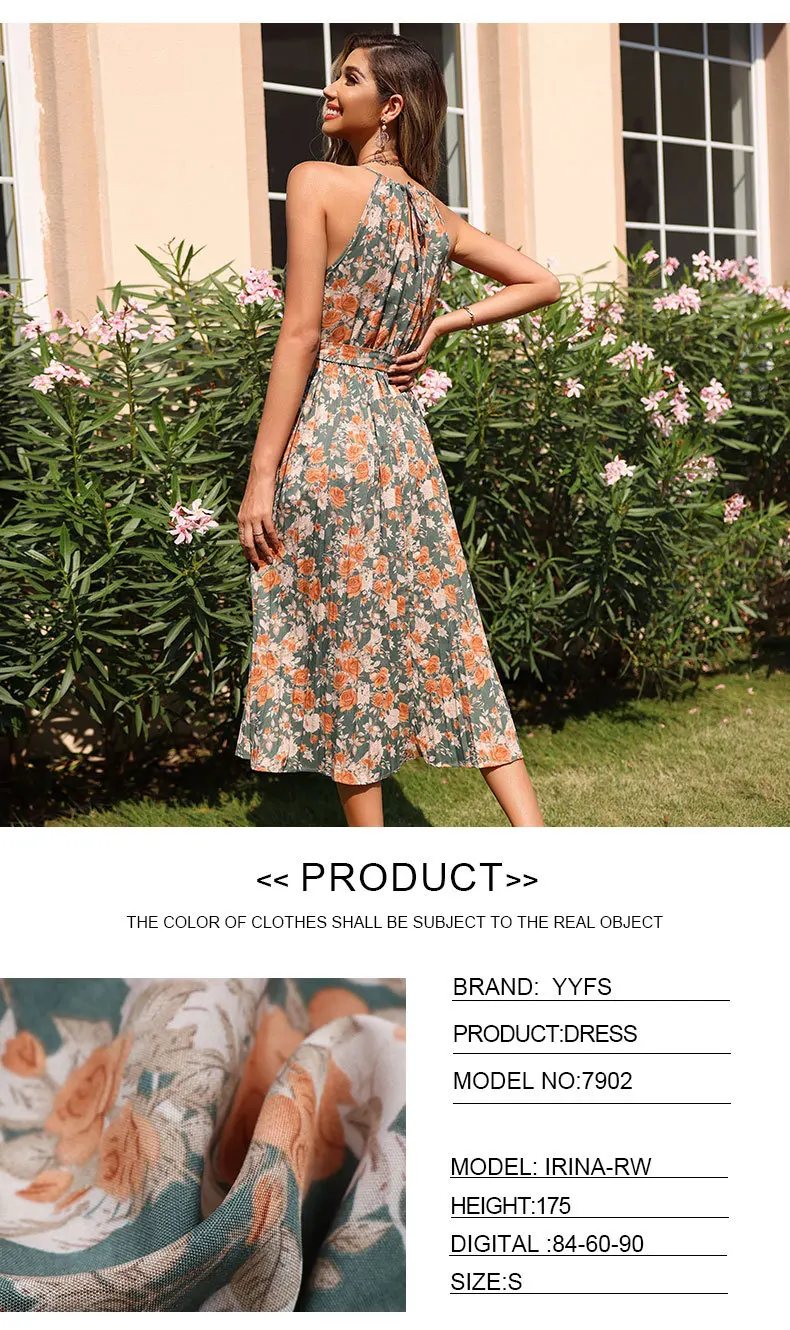 mother of the bride dresses Floral Print Strap Dress Women Summer Sexy Halter Bandage Sleeveless Midi Beach Dresses Casual Elegant Green Pleated Dress 2022 plus size wedding dresses