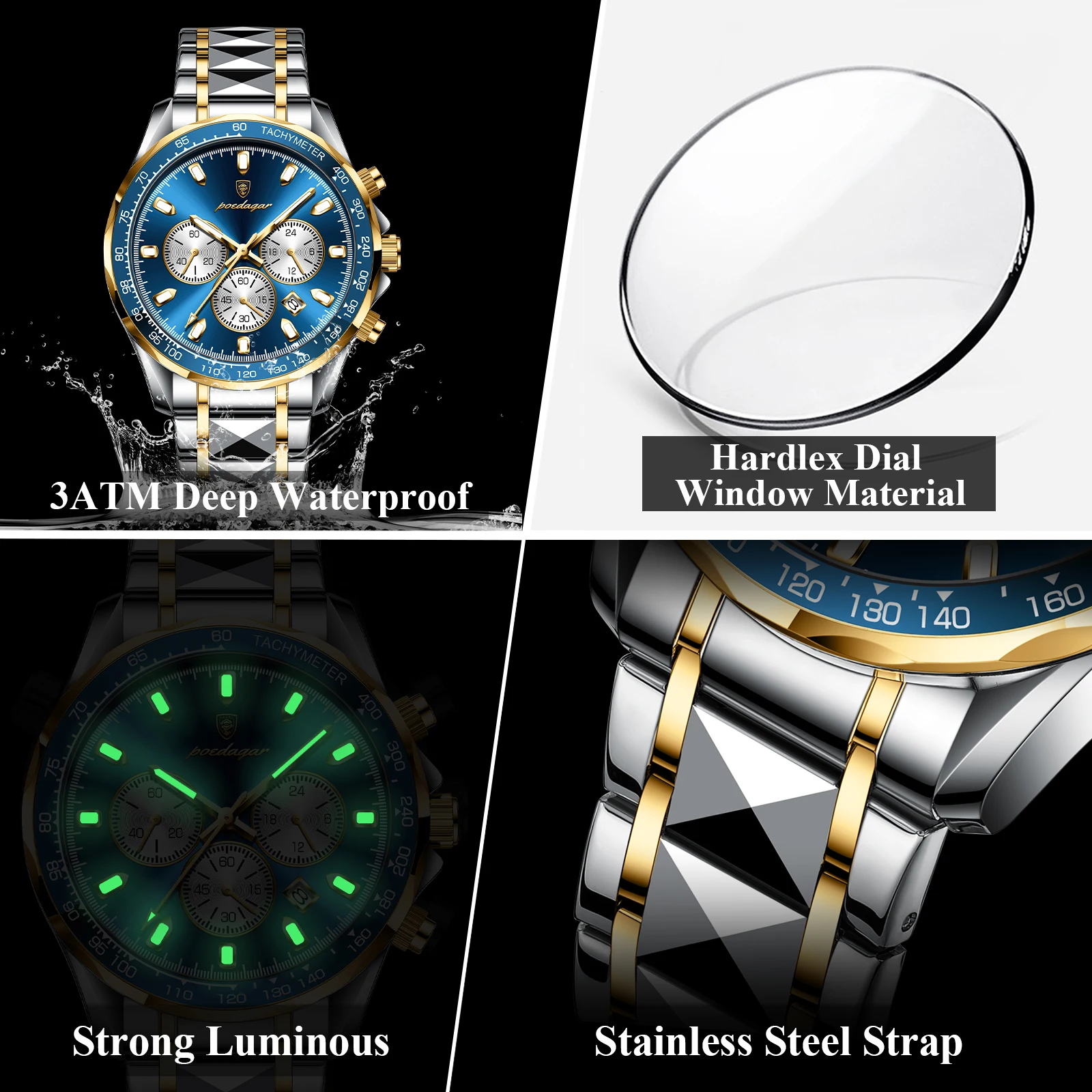 Poedagar 2025 New Waterproof Luminous Calendar Stainless Steel Watch Business Dominance Fashion Student Quartz Watch, Alina Gadgets