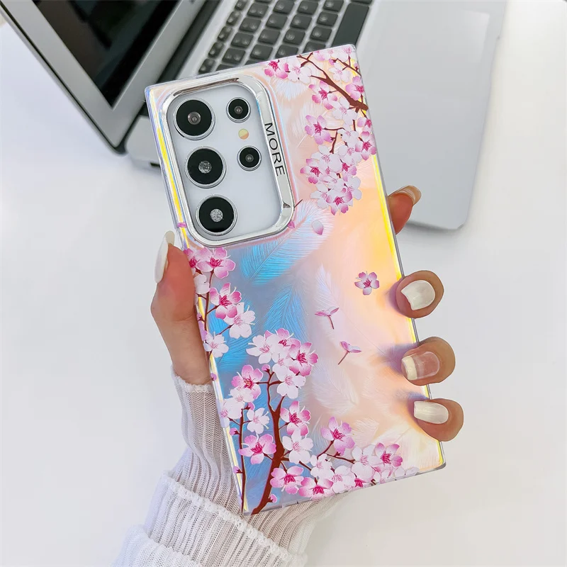 Coque de téléphone à motif de fleur laser pour Samsung Galaxy S25 S23 FE S24 Plus S22 Ultra A14 A15 A55 A54 A25 A35 A34 Coque arrière rigide en PC mat_voghion.com