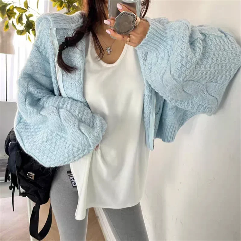 Women Long Sleeve Knitted Sweater Casual Hooded Cardigan