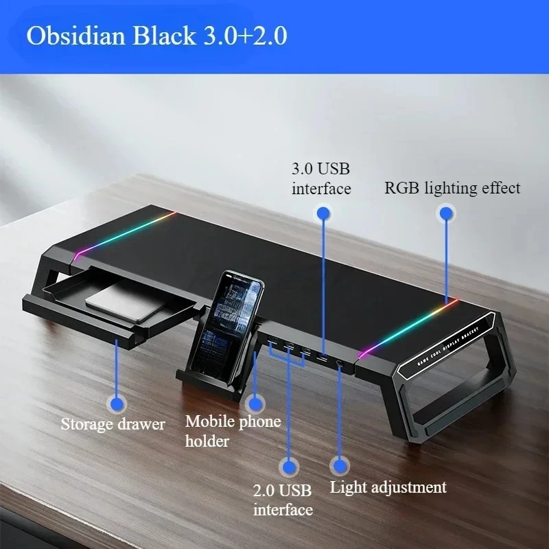 Kurebingzun T1 모니터 스탠드 접이식 데스크탑 라이저(서랍형 휴대폰 홀더 포함) RGB 라이트 4 USB 포트 인체공학적 데스크 정리함