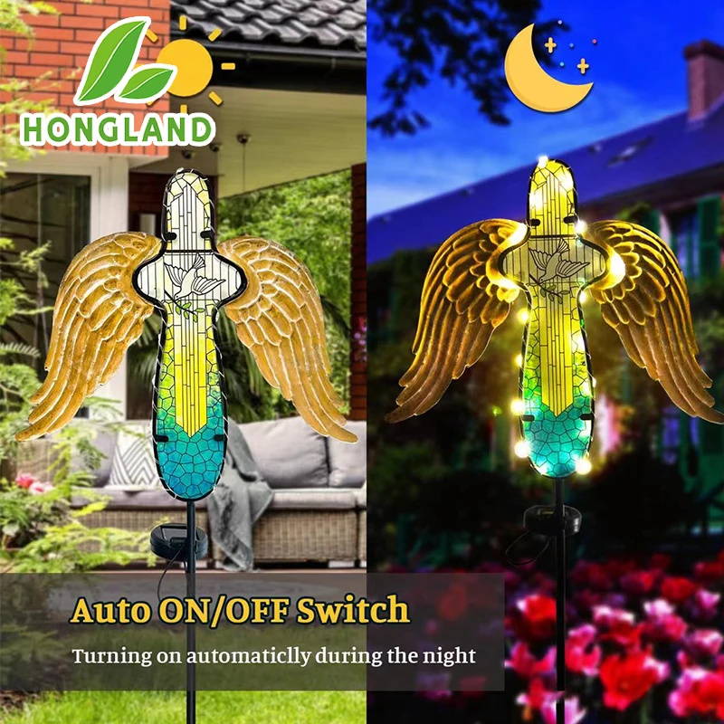 Cruz Solar Jardín Con Alas Ángel - Luz Memorial Cristiana Para Tumbas, Impermeable IP65, Carga Solar