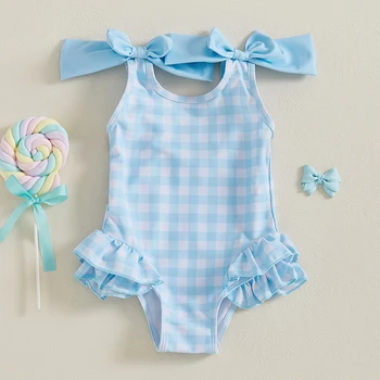Costume da bagno da bambina per bambina, pagliaccetto scozzese con volant, due fiocchi, decorazioni da spiaggia, costume da bagno estivo senza maniche 1