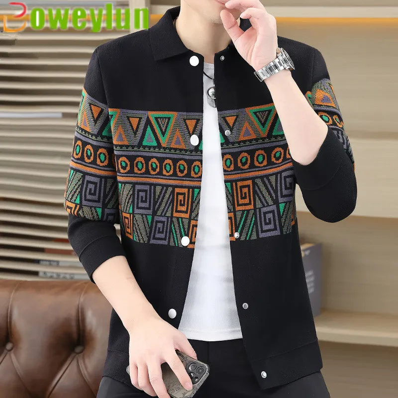 

Boweylun Korean Version New Autumn Turndown Collar knitted Cardigan Men Jacquard Youth Casual Lapel Sweater Jacket